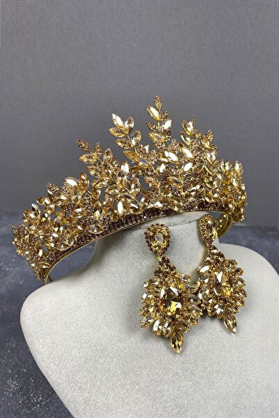 GELD Set de coroană de mireasă și cercei cu picături în 3 dimensiuni, model S...