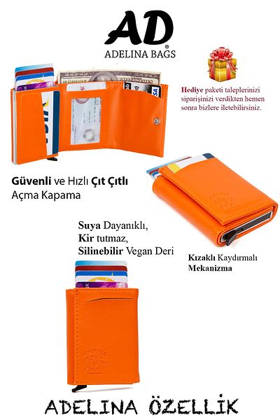Newish Adelina Orange Nova Leather Mechanism Automatic Slide Card Holder Wallet