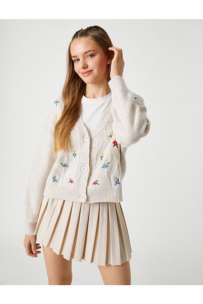 Koton Floral Cardigan V-Neck Knitted Long Sleeve Buttoned