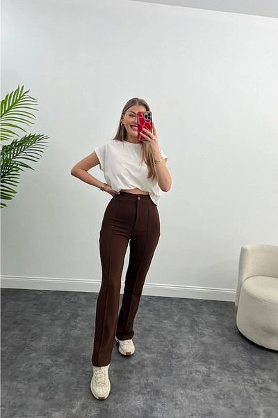 HARMONY GLOBAL High Waist Ribbed Stitched Quality Crepe Fabric Lycra Gathering Palazzo Trousers Brown