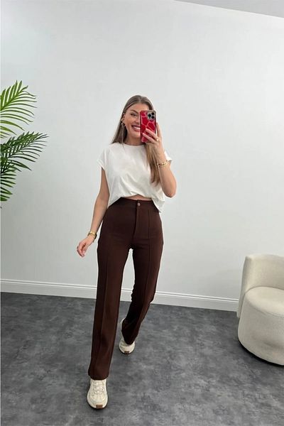 HARMONY GLOBAL High Waist Ribbed Stitched Quality Crepe Fabric Lycra Gathering Palazzo Trousers Brown