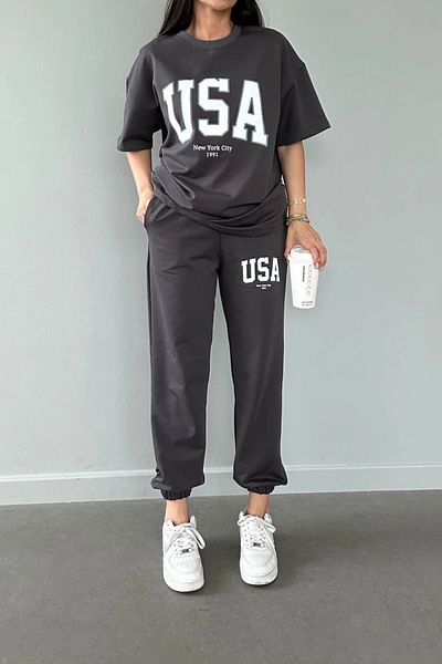 Keywest Plus Size USA New York City Printed Oversize Summer Top and Bottom Tracksuit Set