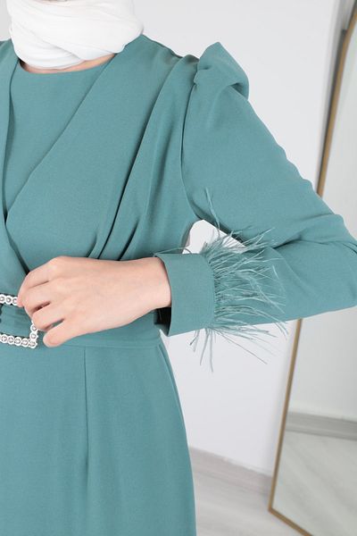 By Hacer Ayaydın Fashion Pencil Shaped Hijab Dress with Feather Detail on the Arms