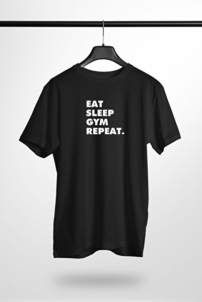 Reyondrop Eat Sleep Gym Repeat Design Printed Black T-shirt