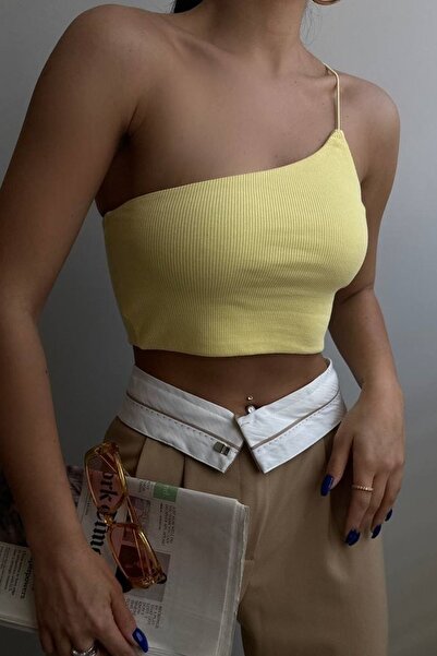 bayansepeti Women's Yellow Single Strap Asymmetric Cut Crop Blouse 11510