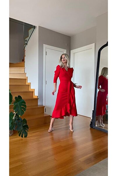 esrabeyza فستان بحزام وأكمام طويلة وياقة مزدوجة الصدر وتنورة متوسطة الطول