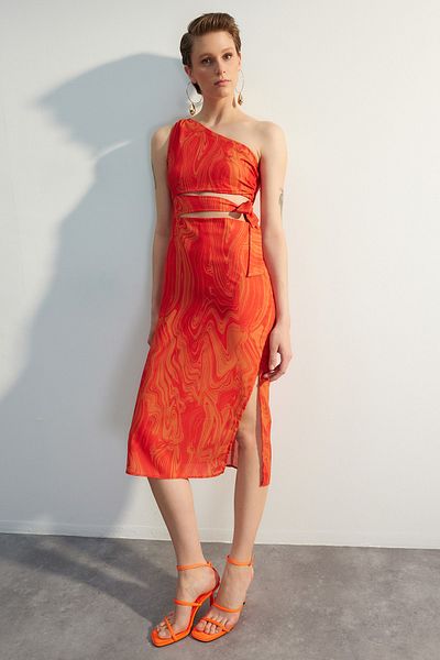 Trendyol Collection Red Fitted Midi Linen Look Woven Dress with Tie-Up Detail at Waist Twoss23El01733