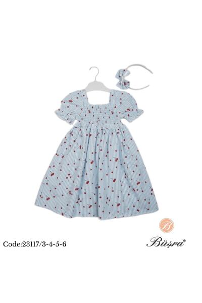 BÜŞRA فستان بناتي باللون الأزرق مع تاج الكرز