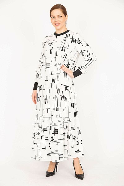Şans Women's Bone Woven Viscose Fabric Collar and Sleeve Ribbed Long Dress 65n35966