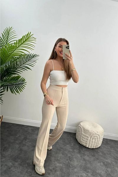 HARMONY GLOBAL High Waist Ribbed Stitched Quality Crepe Fabric Lycra Gathering Palazzo Trousers Stone Color
