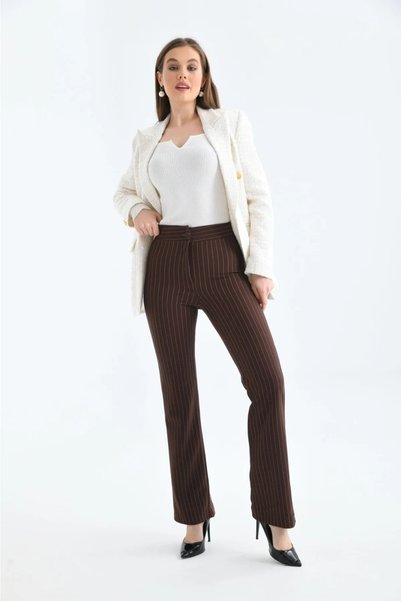 HARMONY GLOBAL High Waist Quality Crepe Fabric Lycra Palazzo Striped Trousers Brown