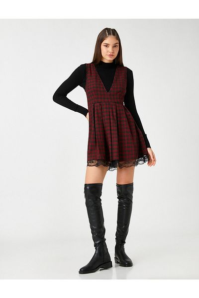 Koton Mini Salopet Dress with Gilet and Lace Detail on the Hem