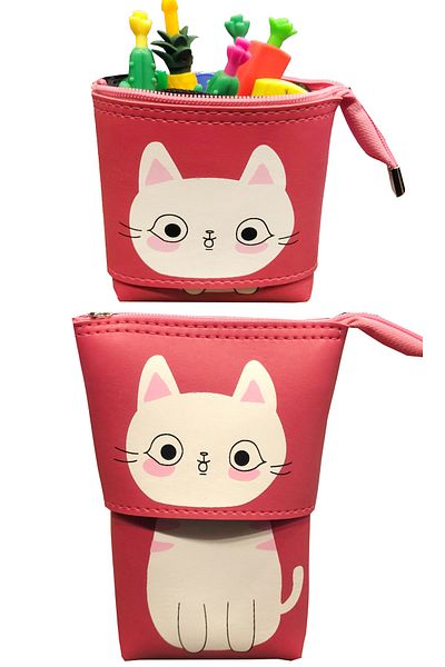 FLY COLOR Cat Patterned Adjustable Size Both Pen Holder and Pencil Case Pink