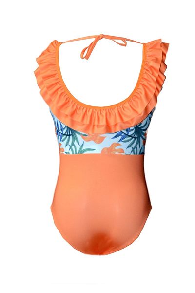 Rs Ramuni Girl's Swimsuit Orange Flowers Patterned Digital Printed Sea Pool Swimsuit
