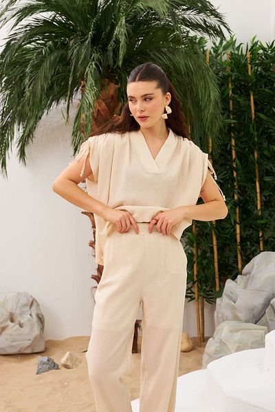 Laluvia Beige Ärmel Geraffte Taille Design Detaillierte Unterteil Top Set