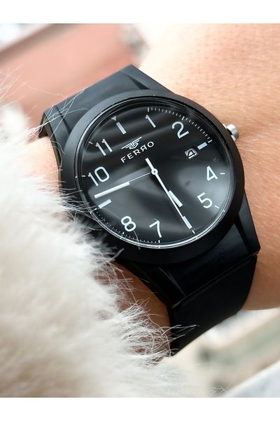 FERRO Brand Waterproof Black Silicone Band Calendar Number Men's/Women's Wristwatch + bracelet
