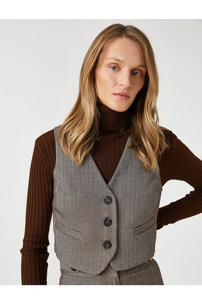 Koton Buttoned Crop Blazer Vest with Pocket Detail