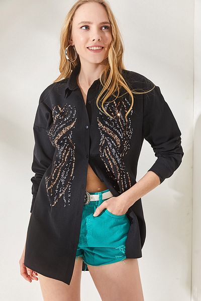 Olalook Dámské černé triko s flitry s detailním oversize oversize GML-19001106