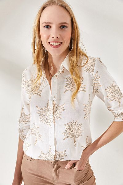 Olalook Damen Fan Beige Ärmel gefaltete Leinen Bluse GML-19000825