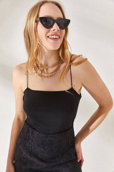 Olalook Women's Black Rope Strap Double Layer Snap Bodysuit BDY-00000044
