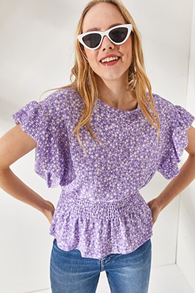 Olalook Damska bluzka w kwiaty w kolorze liliowym, z elastycznym pasem i rękawami z falbaną BLZ-19002201
