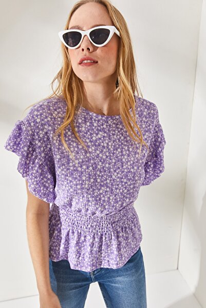 Olalook Damska bluzka w kwiaty w kolorze liliowym, z elastycznym pasem i rękawami z falbaną BLZ-19002201