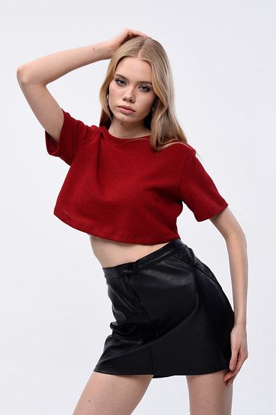 Mad&Calf Tricou crop supradimensionat pentru damă, cu textura de vafe