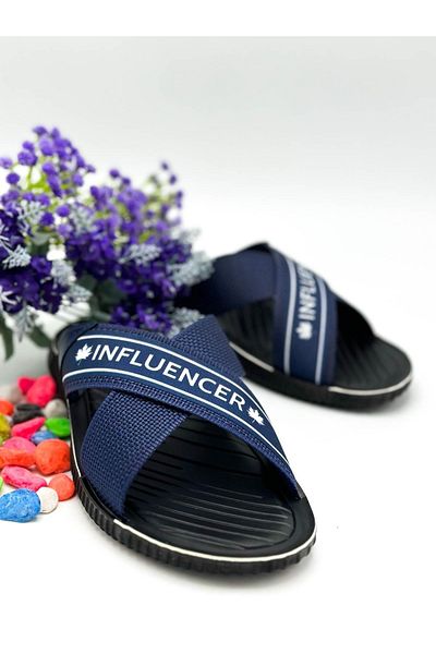 sermoda Ανδρικές παντόφλες Influencer με σταυρωτό σχοινί αθλητική πόρπη Παντόφλες σπιτιού καθημερινές παντόφλες 12412 Navy Blue White