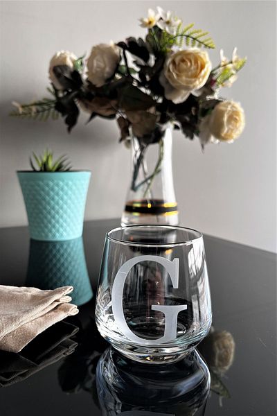 DECOSTYLE Laser Cut Non-Removable Glass Cup with Letter g - Suitable for Use as a Candle Holder-Pen Holder-Mini Vase 1 Piece