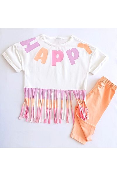 Tuffy Çaren Kids Girl's Summer Fringed 2-Piece Set-skirt with Fringe, Printed T-shirt and Leggings 2-Piece Set