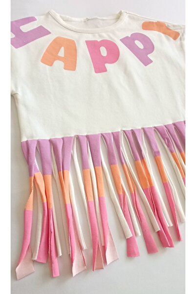 Tuffy Çaren Kids Girl's Summer Fringed 2-Piece Set-skirt with Fringe, Printed T-shirt and Leggings 2-Piece Set