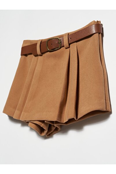 Dilvin 80739 Belted Double Mini Short Skirt-camel