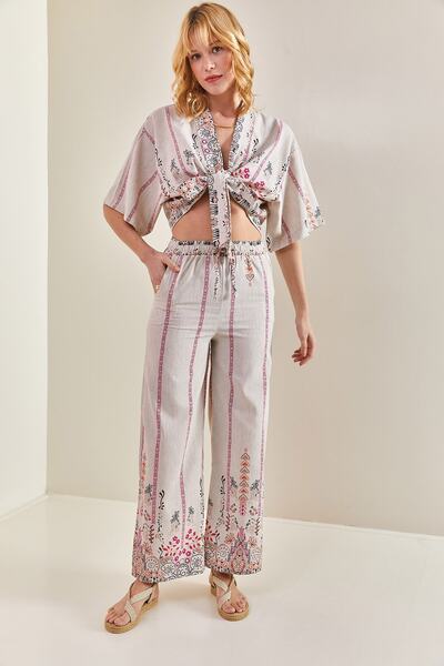 Bianco Lucci Women's Multi Patterned Front Tie Linen Bottom Top Set