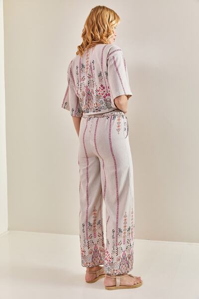 Bianco Lucci Women's Multi Patterned Front Tie Linen Bottom Top Set