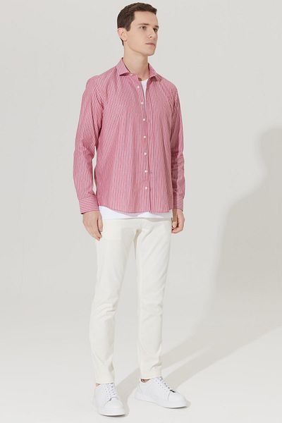 AC&Co / Altınyıldız Classics Pánská vínovo-bílá Slim Fit Slim Fit Slim Fit Italský límec 100% bavlna pruhovaná košile