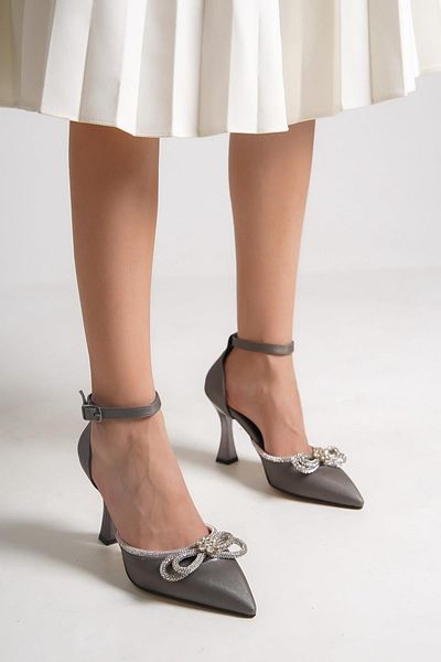 Modabuymus Darley Platinum Satin Bow Stoned Stiletto Goblet Heeled Evening Dress Shoes