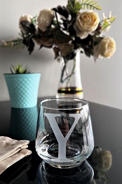 DECOSTYLE Y Letter Laser Cut Non-Removable Glass Cup-Candle Holder-Pen Holder-Suitable for Use as a Mini Vase 1 Pc