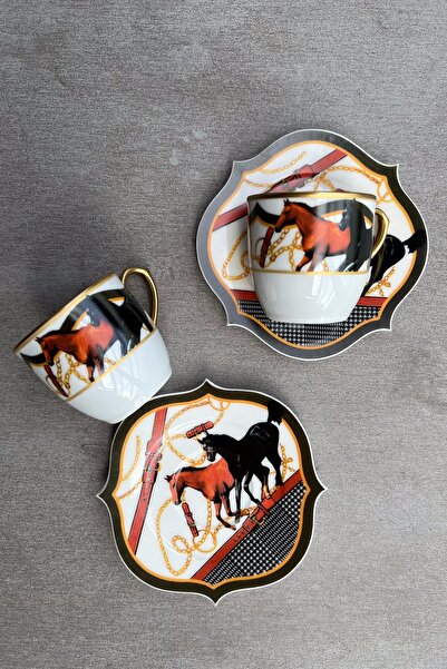 porselenden Kütahya Hippodrome Horse Patterned Coffee Cup Set for 2 People