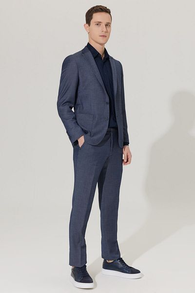 ALTINYILDIZ CLASSICS Men's Navy Blue Slim Fit Narrow Cut Mono Collar Dobby Suit
