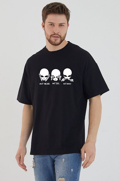 DEEPSENCE Men's Black Oversize T-shirt No Hear Text Front Print