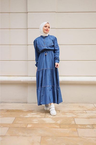 Pamuk Butik Γυναικείο τζιν φόρεμα με λεπτομέρεια Hijab Guipure