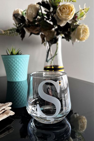 DECOSTYLE Laser Cut Non-Removable Glass Cup with Letter S - Suitable for Use as a Candle Holder-Pen Holder-Mini Vase 1 Piece