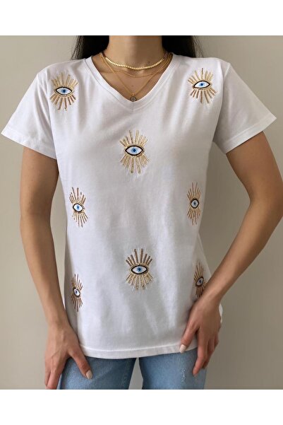 Laderra Göz Desenli Pul Payet V-yaka T-shirt