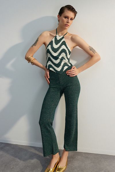 Trendyol Collection Лімітований комплект трикотажного верху і низу в клітинку "Зелений кроп" TWOSS23AU00054