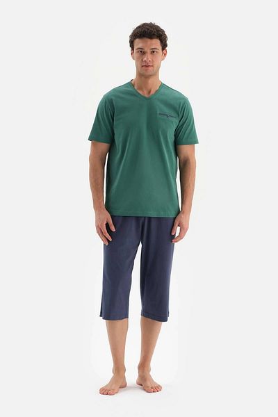 Dagi Khakifarbenes Capri-Strickpyjama-Set mit V-Ausschnitt