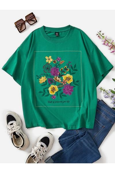 trendgar Μπλουζάκι Oversize με πράσινο λουλούδι