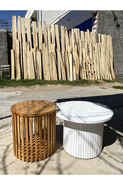 KK DEKORASYON 2’li Ahşap Çıtalı Mantar Sehpa