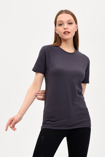 GENIUS STORE Smoke Colored Crew Neck Basic Women's T-Shirt