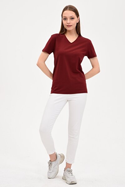 GENIUS STORE Basic-T-Shirt für Damen in Weinrot mit V-Ausschnitt