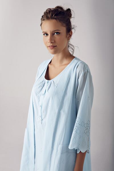 Artış Blue Woven Cotton Maternity Maternity Nightgown and Dressing Gown Set
